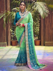 Women's Georgette Sea Green Embellished Designer Saree With Blouse Piece-GHOOMAR1004