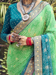 Women's Georgette Sea Green Embellished Designer Saree With Blouse Piece-GHOOMAR1004