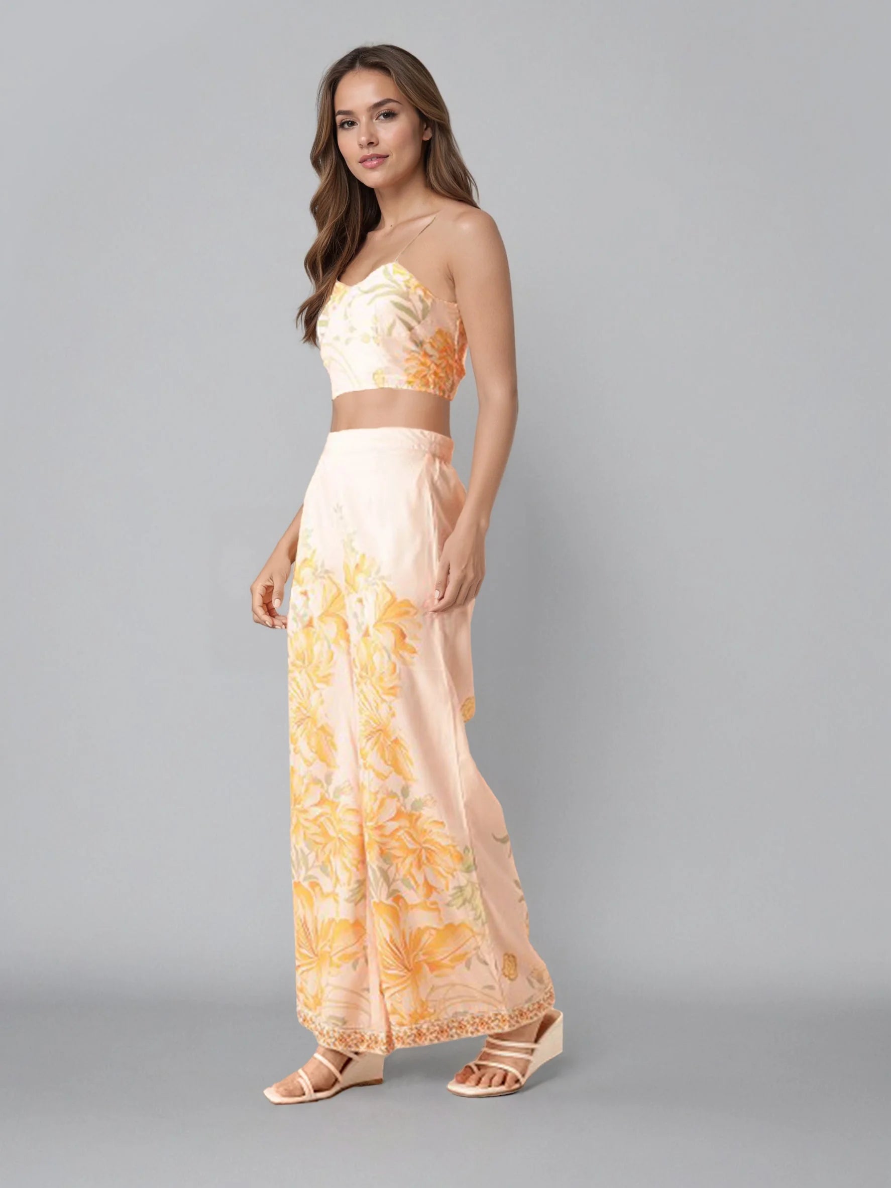 Women Off White Shoulder Straps Printed Smart Casual Co-Ords Set