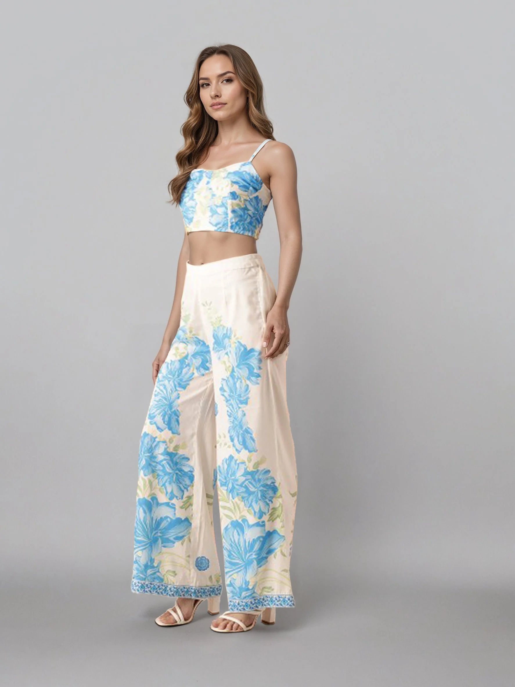 Women Off White Shoulder Straps Printed Smart Casual Co-Ords Set