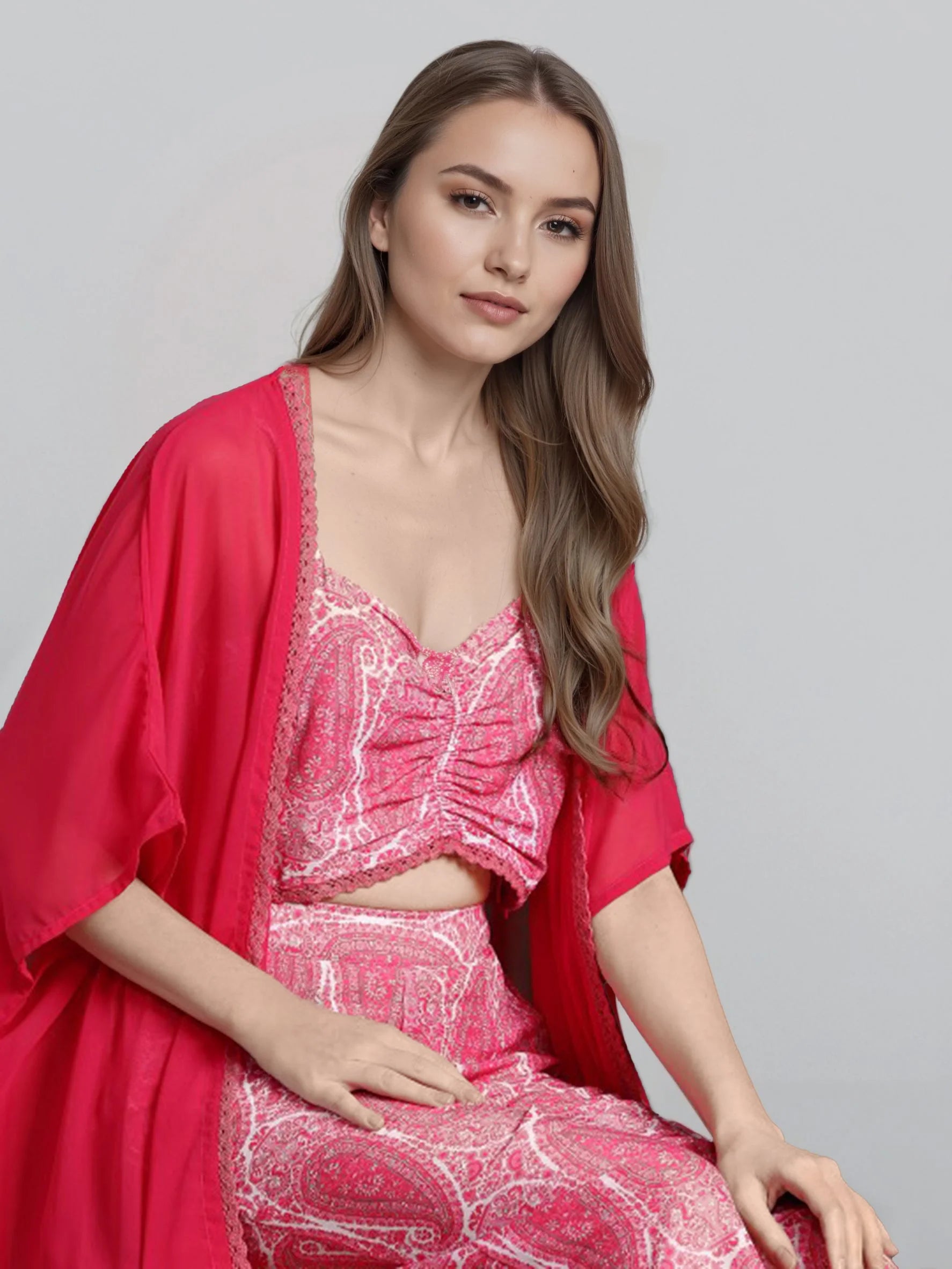 Women Pink Shoulder Straps Printed Smart Casual Co-Ords Set