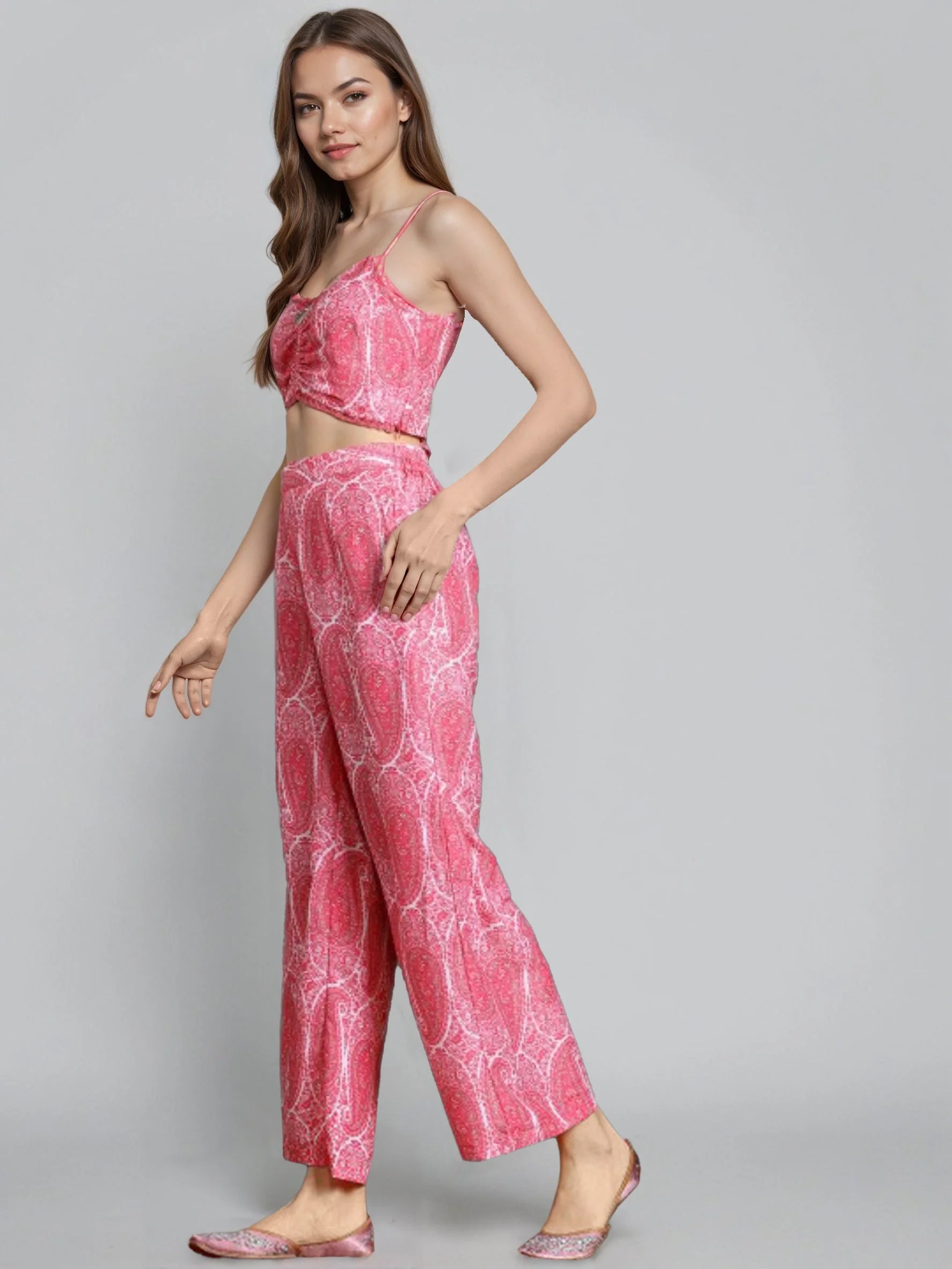 Women Pink Shoulder Straps Printed Smart Casual Co-Ords Set