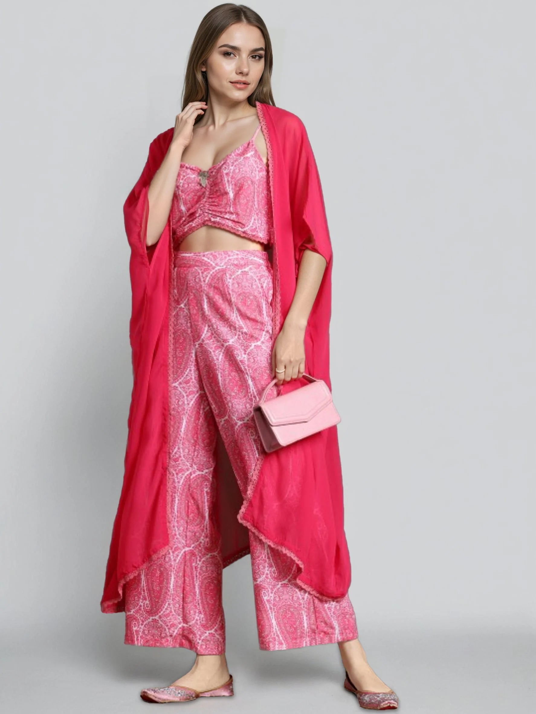 Women Pink Shoulder Straps Printed Smart Casual Co-Ords Set