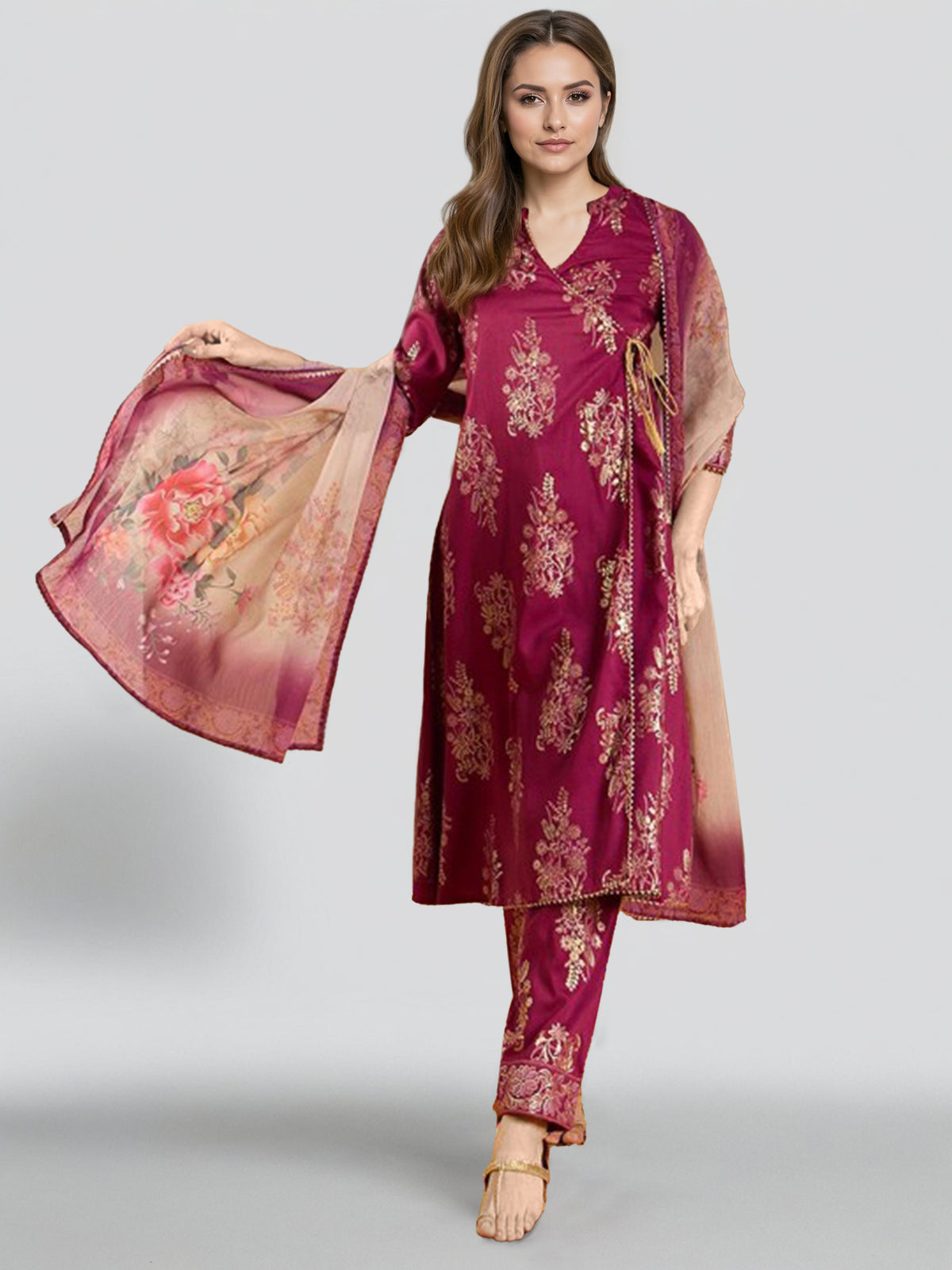 Women Purple Ethnic Printed Angrakha Kurta Set-GI-AHKUPNDU-COMBO-1146