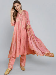 Women Pink Ethnic Printed Pleated Kurta Set-GI-AHKUPNDU-COMBO-1147
