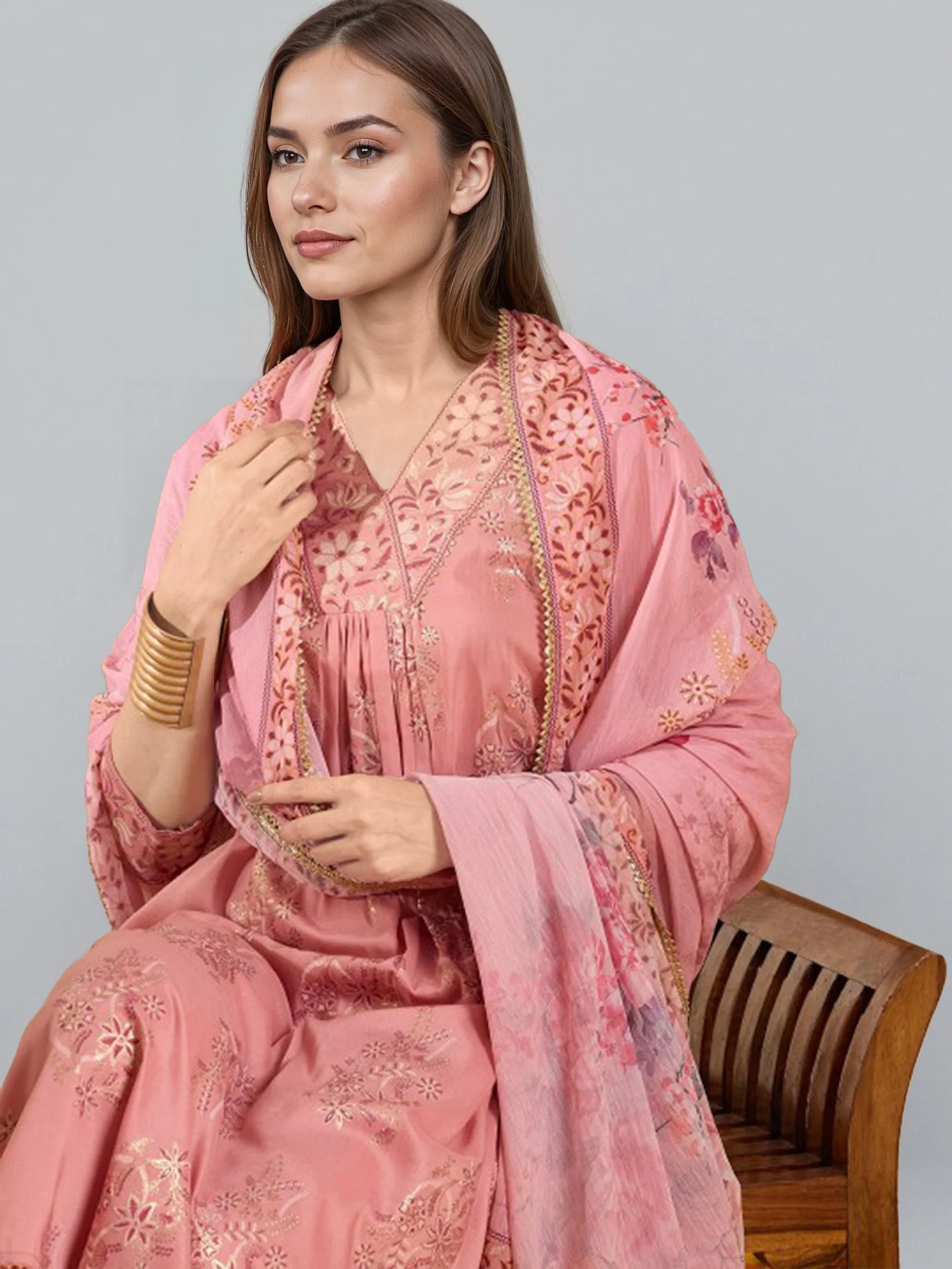 Women Pink Ethnic Printed Pleated Kurta Set-GI-AHKUPNDU-COMBO-1147