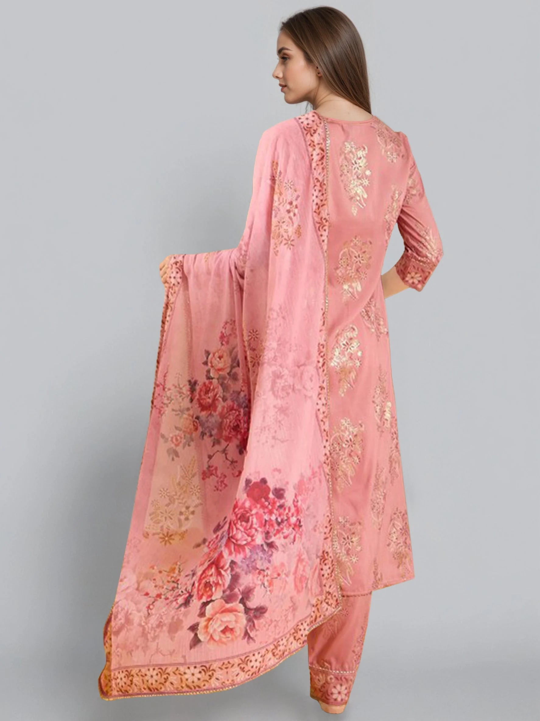 Women Pink Ethnic Printed Pleated Kurta Set-GI-AHKUPNDU-COMBO-1147