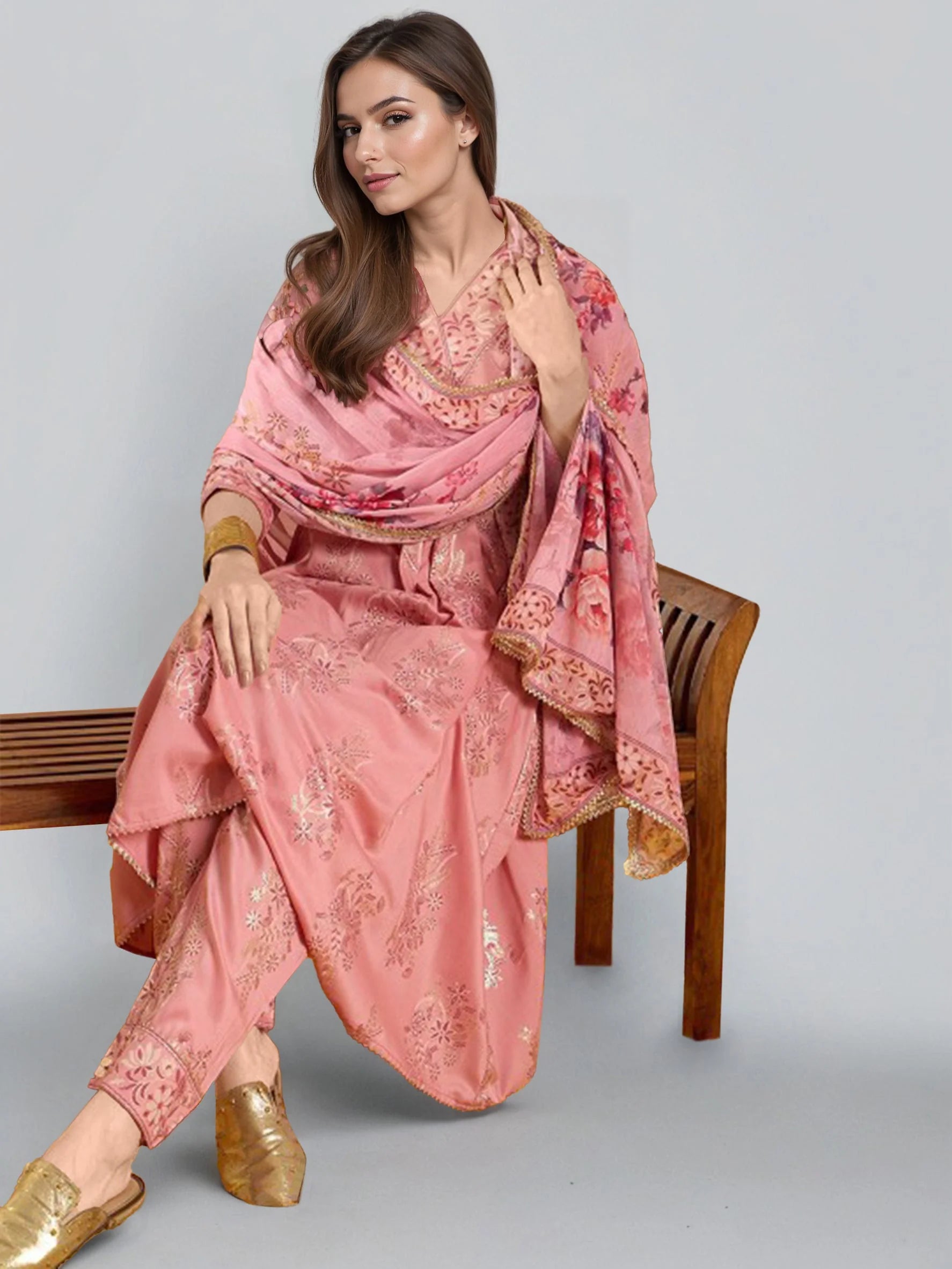 Women Pink Ethnic Printed Pleated Kurta Set-GI-AHKUPNDU-COMBO-1147