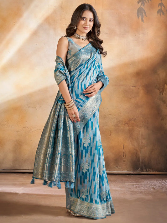 Women's Cotton Blend Light Blue Woven Design Designer Saree With Blouse Piece-GITIKA86905 1500