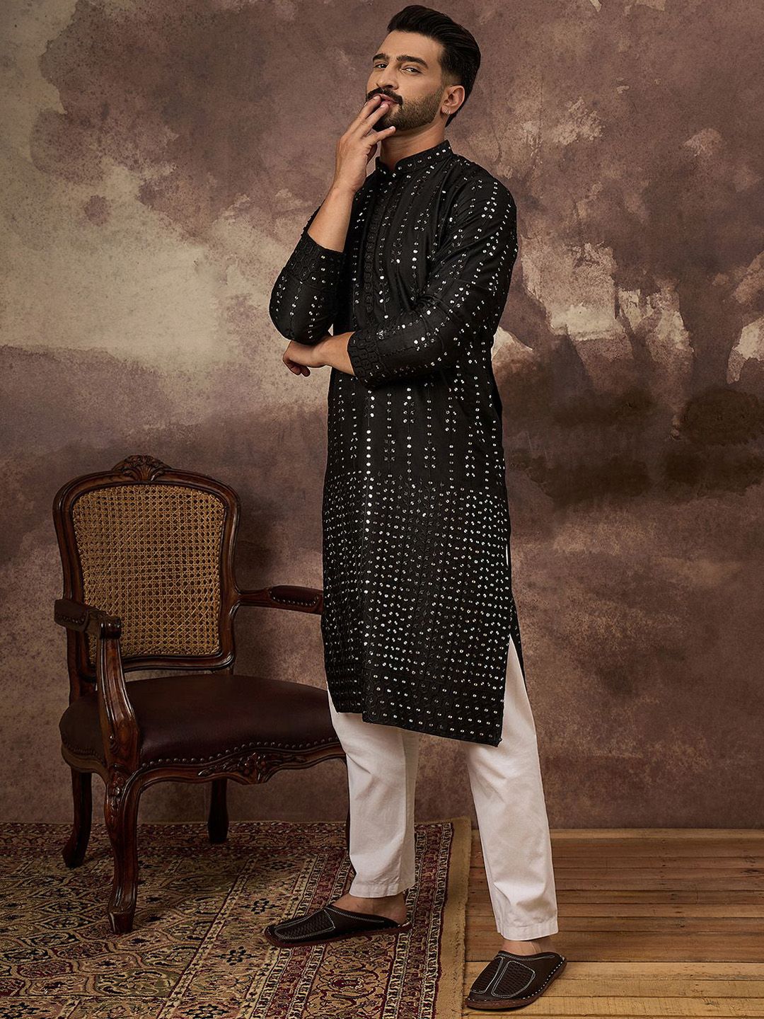 Ethnic Bay Men Black Silk Blend Solid Embroidered Straight Kurta With Pant Set-MKSET1360