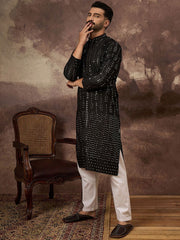 Ethnic Bay Men Black Silk Blend Solid Embroidered Straight Kurta With Pant Set-MKSET1360