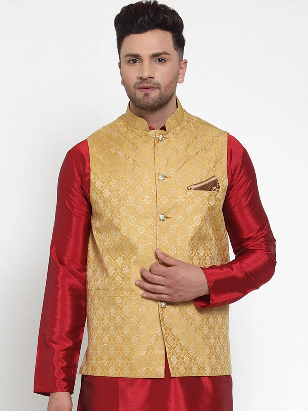 Men's Gold Nehru Jacket - Woven Jacquard Modi Jacket