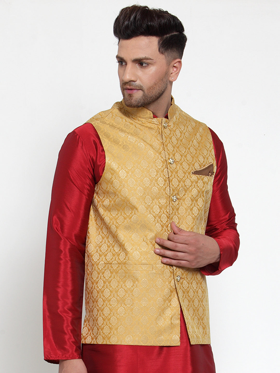 Men's Gold Nehru Jacket - Woven Jacquard Modi Jacket
