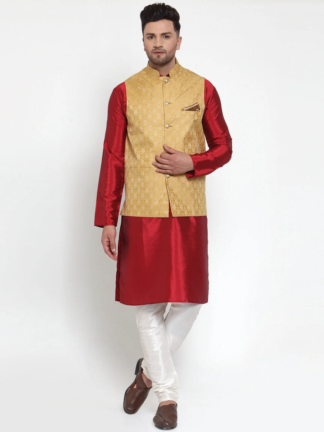 Men's Gold Nehru Jacket - Woven Jacquard Modi Jacket