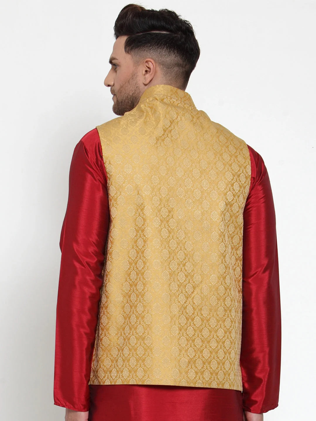 Men's Gold Nehru Jacket - Woven Jacquard Modi Jacket