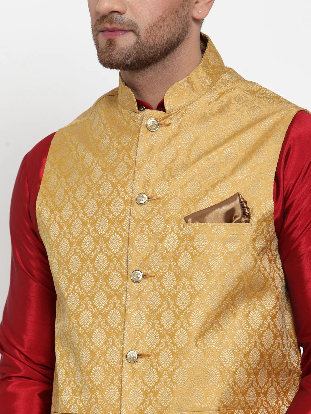 Men's Gold Nehru Jacket - Woven Jacquard Modi Jacket