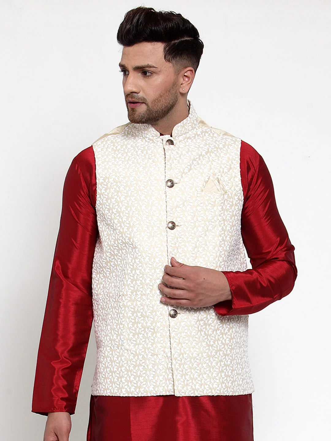 Men's Beige Embroidered Nehru Jacket | Ethnic Nehru Jackets