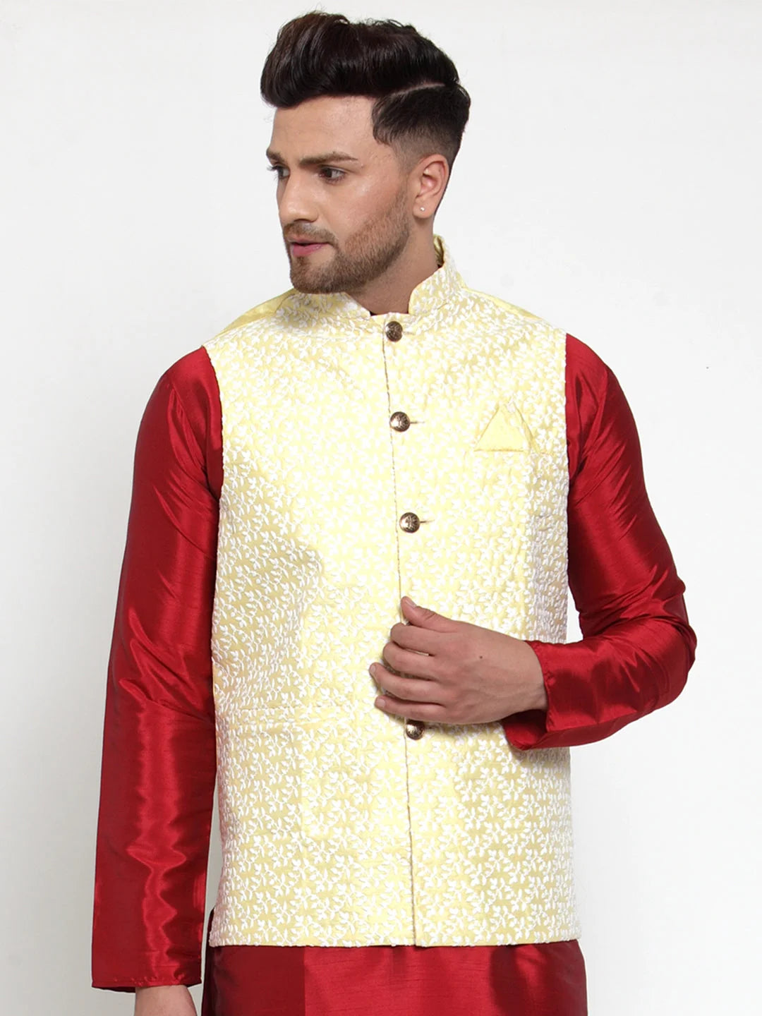 Men's Yellow Embroidered Nehru Jacket | Modi Jacket Collection