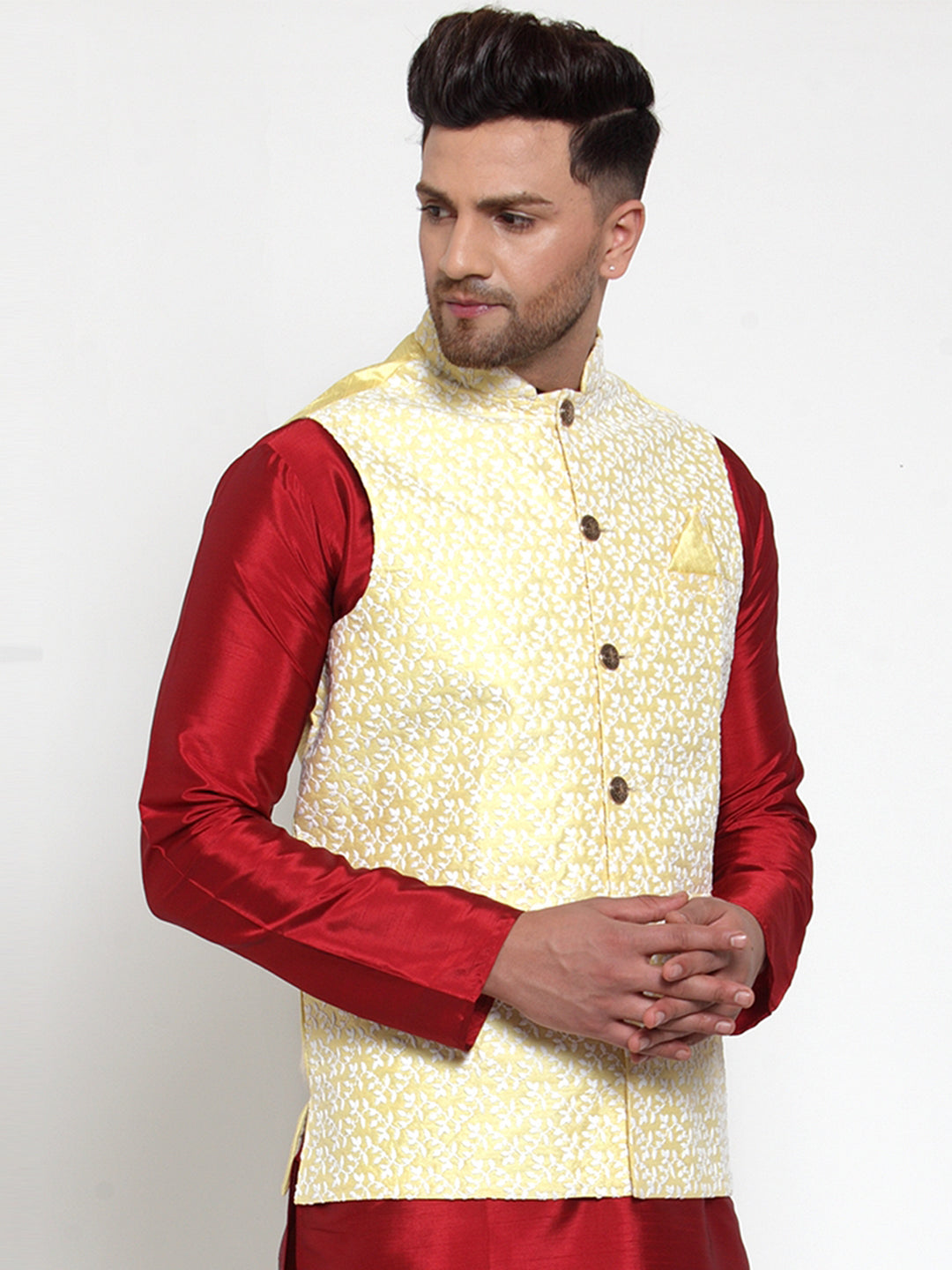 Men's Yellow Embroidered Nehru Jacket | Modi Jacket Collection