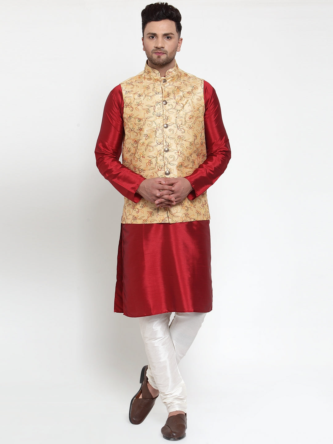 Men's Gold Embroidered Nehru Jacket | Indian Ethnic Wear