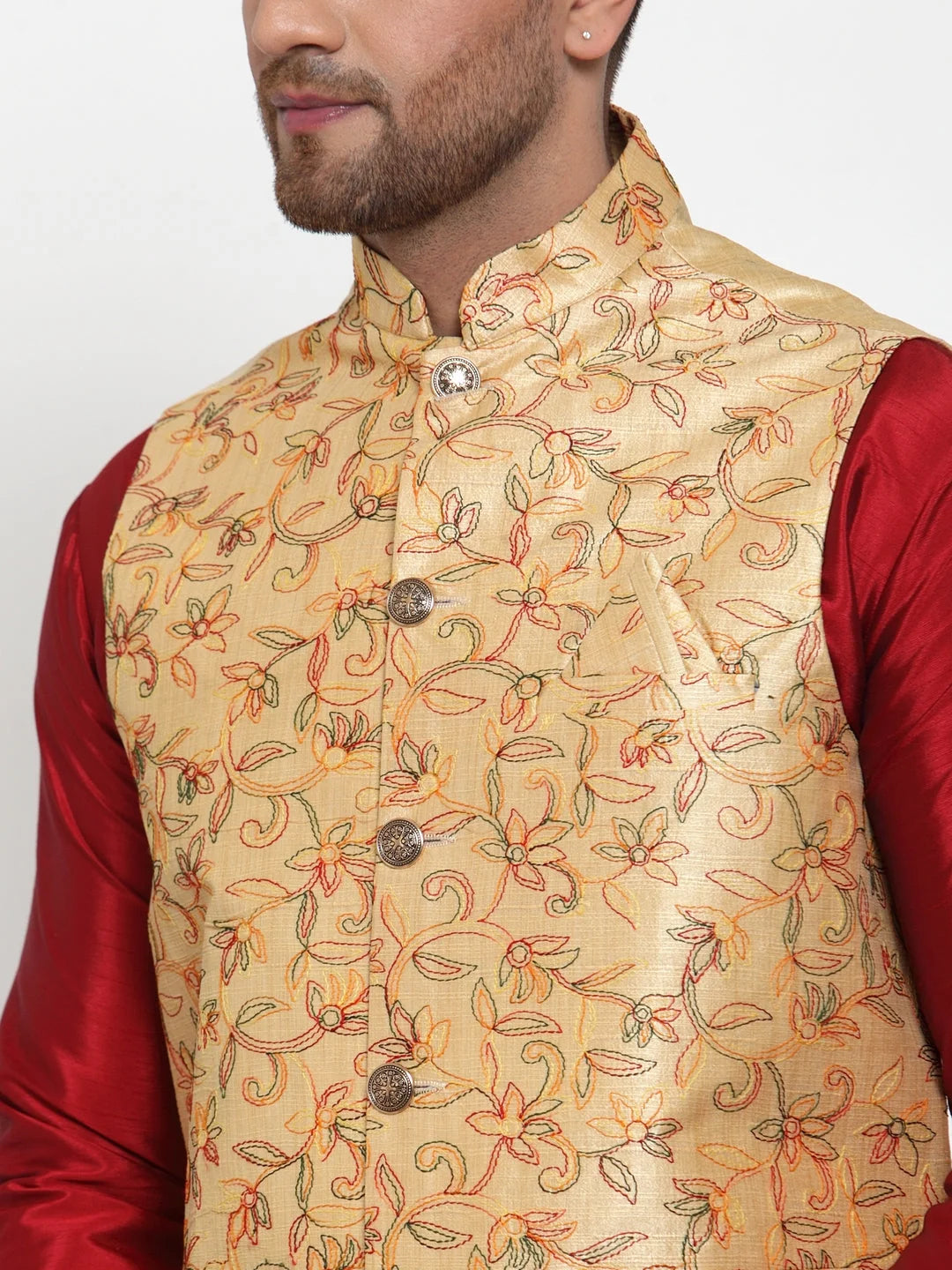 Men's Gold Embroidered Nehru Jacket | Indian Ethnic Wear