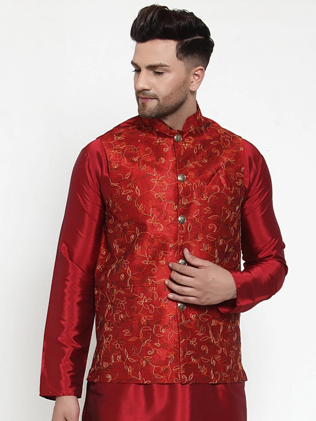 Men's Maroon Embroidered Nehru Jacket