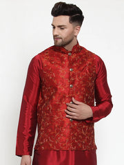 Men's Maroon Embroidered Nehru Jacket