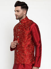 Men's Maroon Embroidered Nehru Jacket
