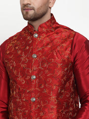 Men's Maroon Embroidered Nehru Jacket