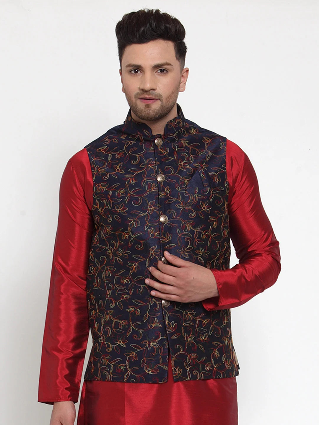 Men's Navy Embroidered Nehru Jacket