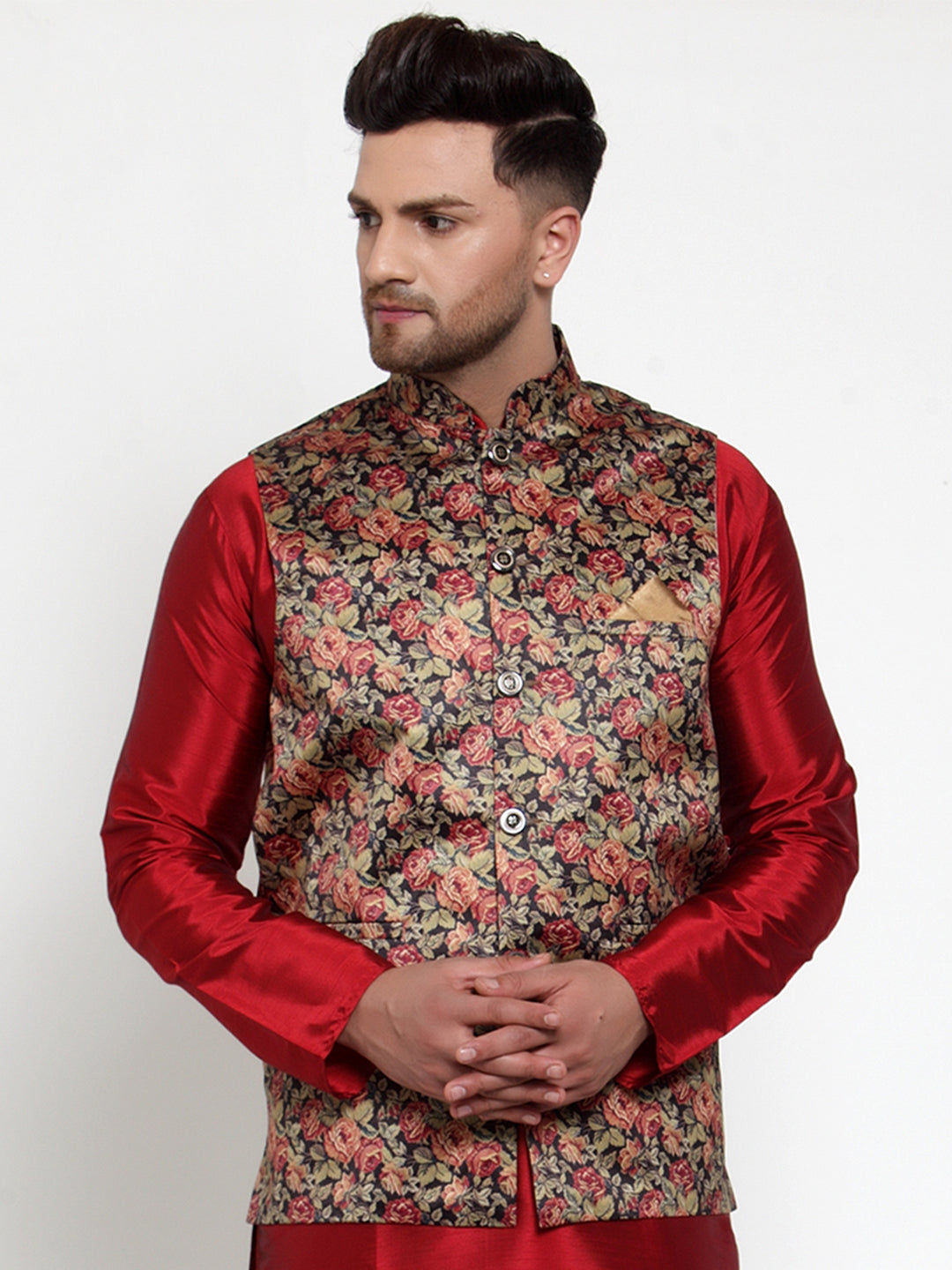Black Current Printed Nehru Jacket - Men's Ethnic Wear
