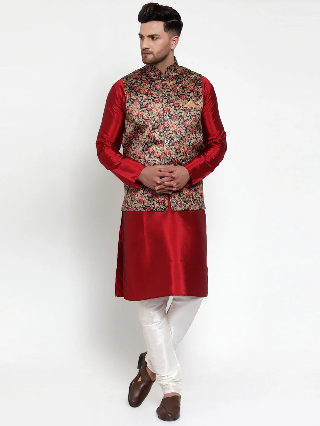 Black Current Printed Nehru Jacket - Men's Ethnic Wear