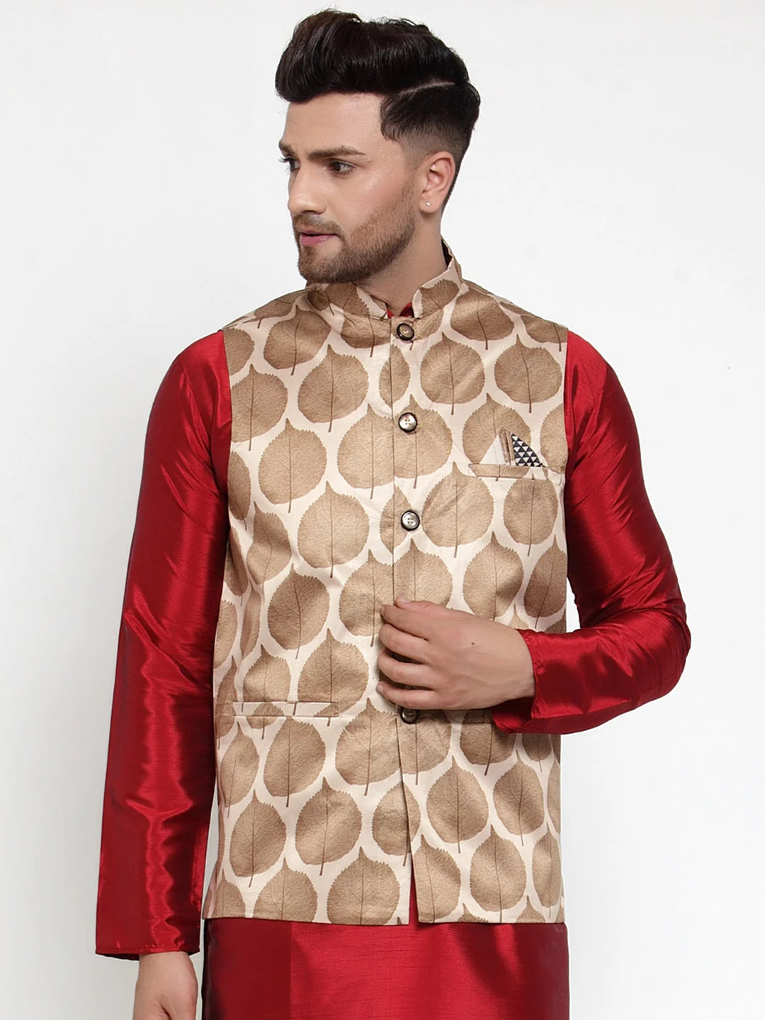 Men's Brown Printed Nehru Jacket - Indian Ethnic Wear
