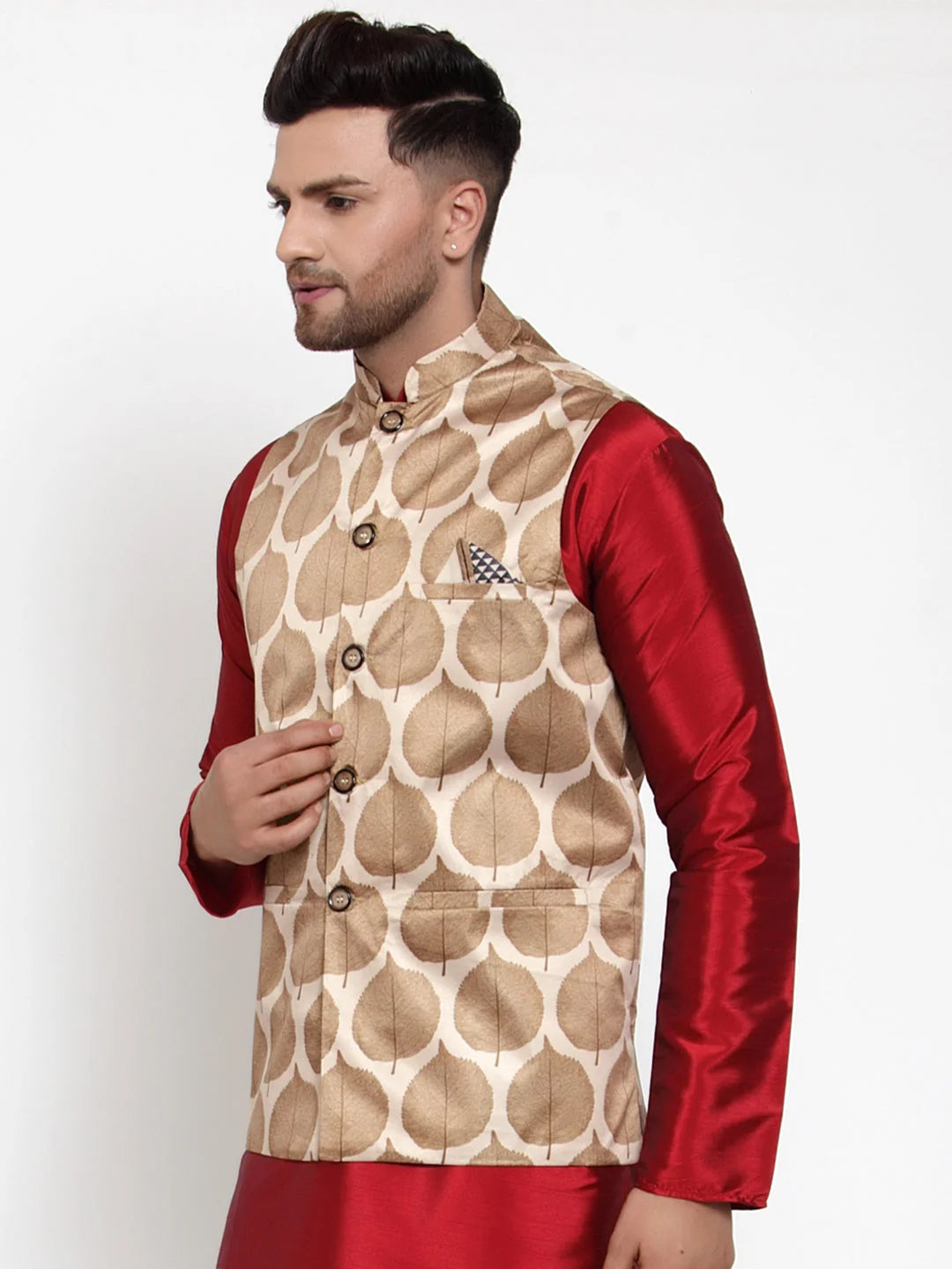 Men's Brown Printed Nehru Jacket - Indian Ethnic Wear
