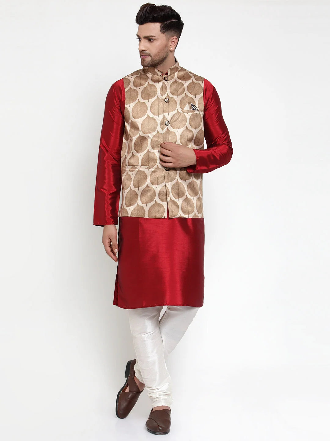 Men's Brown Printed Nehru Jacket - Indian Ethnic Wear