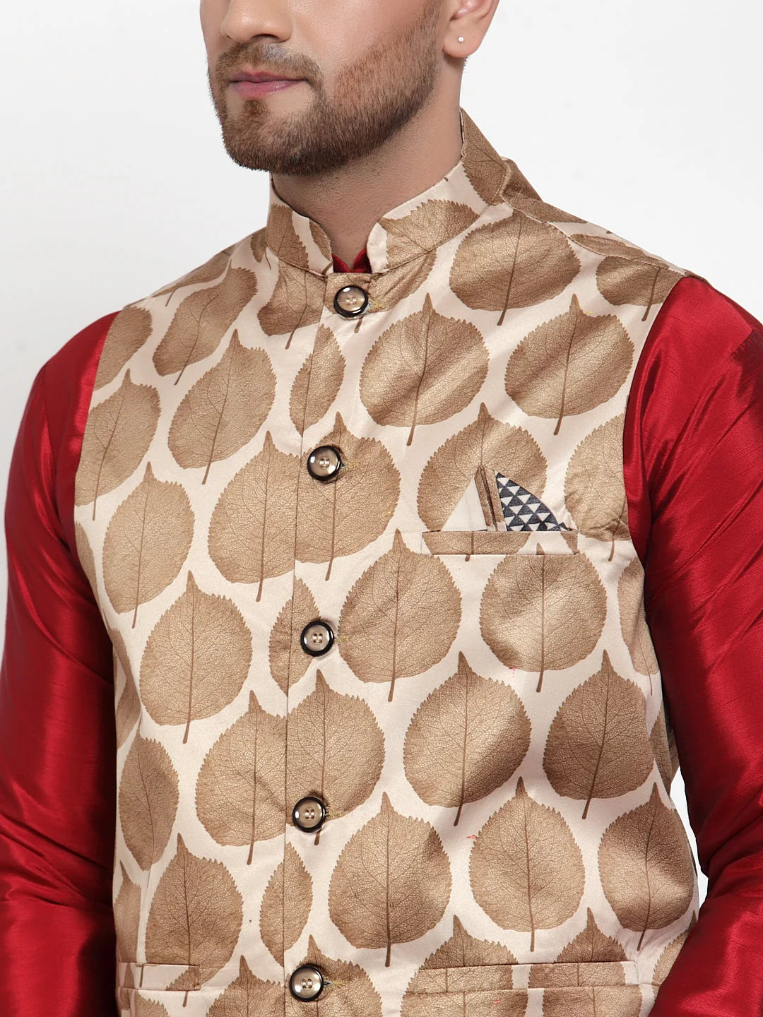 Men's Brown Printed Nehru Jacket - Indian Ethnic Wear