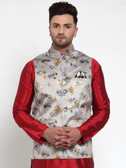 Men's Grey Printed Solid Nehru Jacket