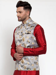 Men's Grey Printed Solid Nehru Jacket