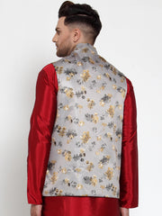 Men's Grey Printed Solid Nehru Jacket