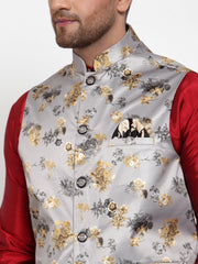 Men's Grey Printed Solid Nehru Jacket