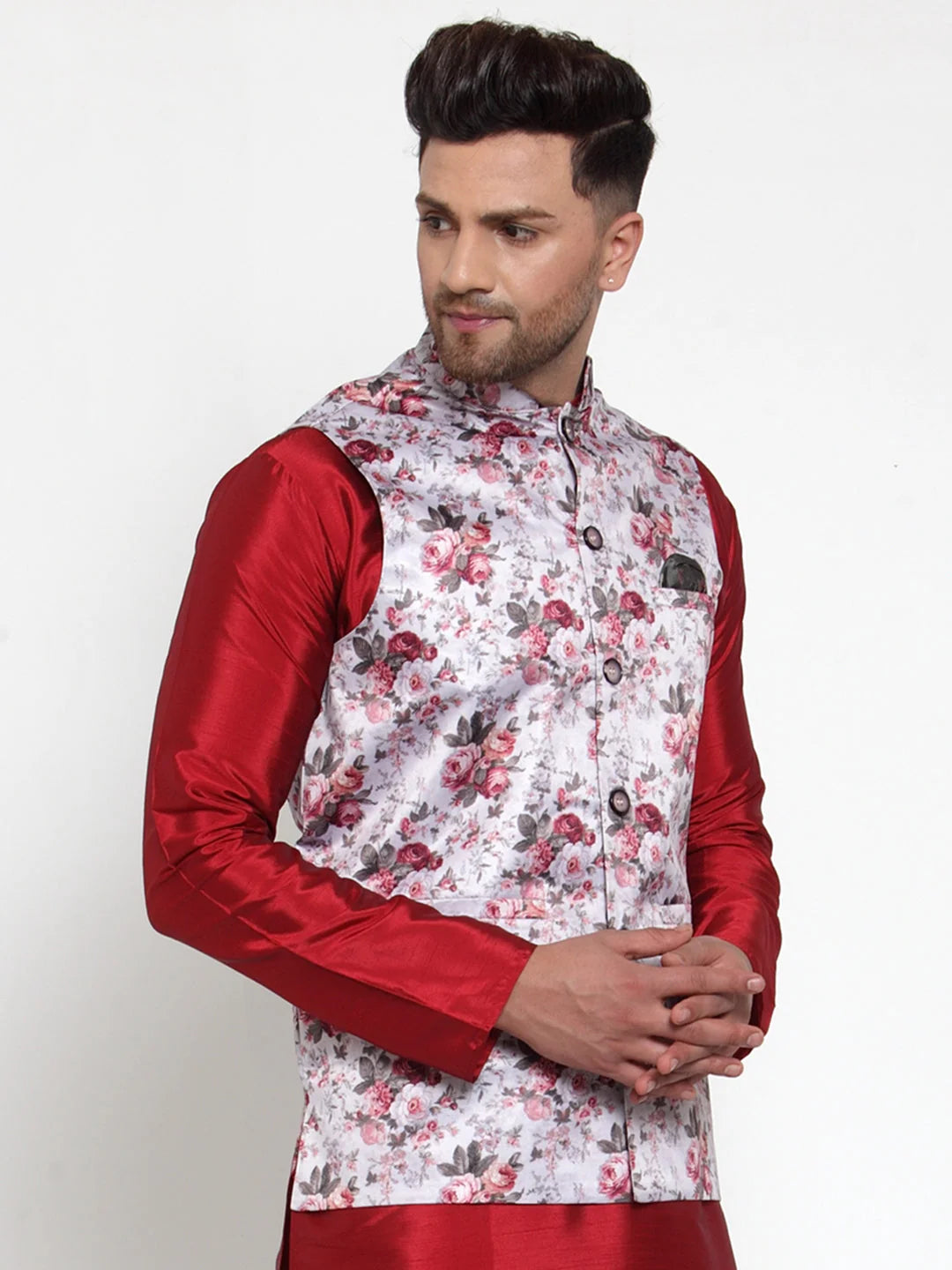 Silver Printed Nehru Jacket - Men's Ethnic Wear