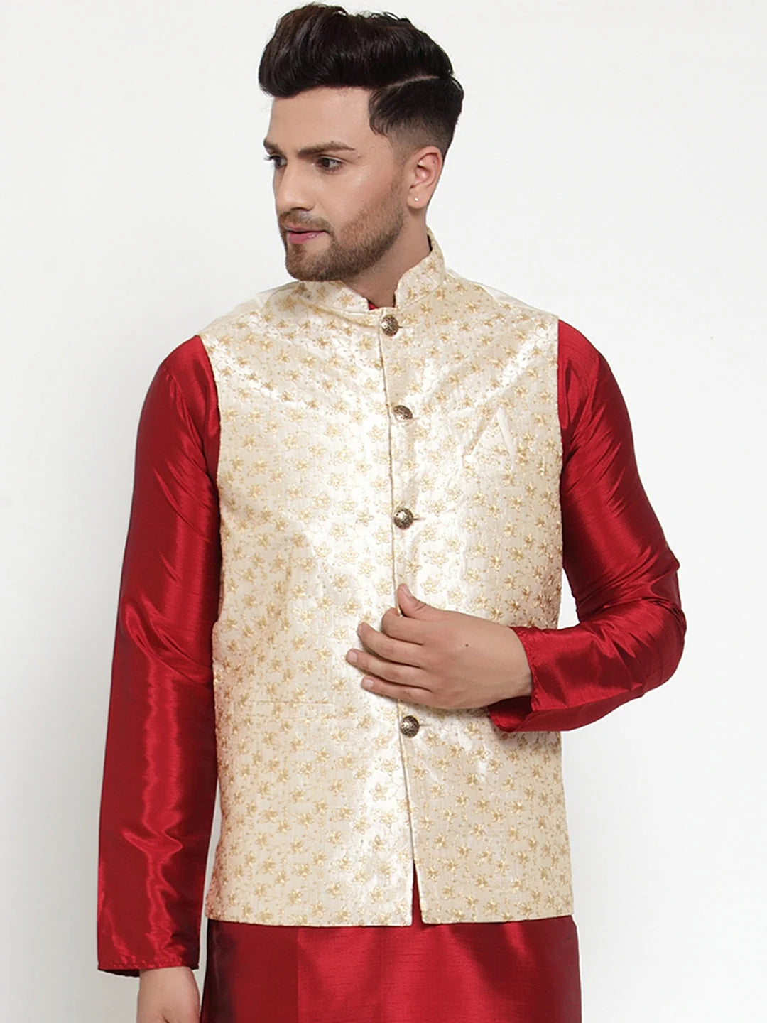 Men's Cream Embroidered Nehru Jacket