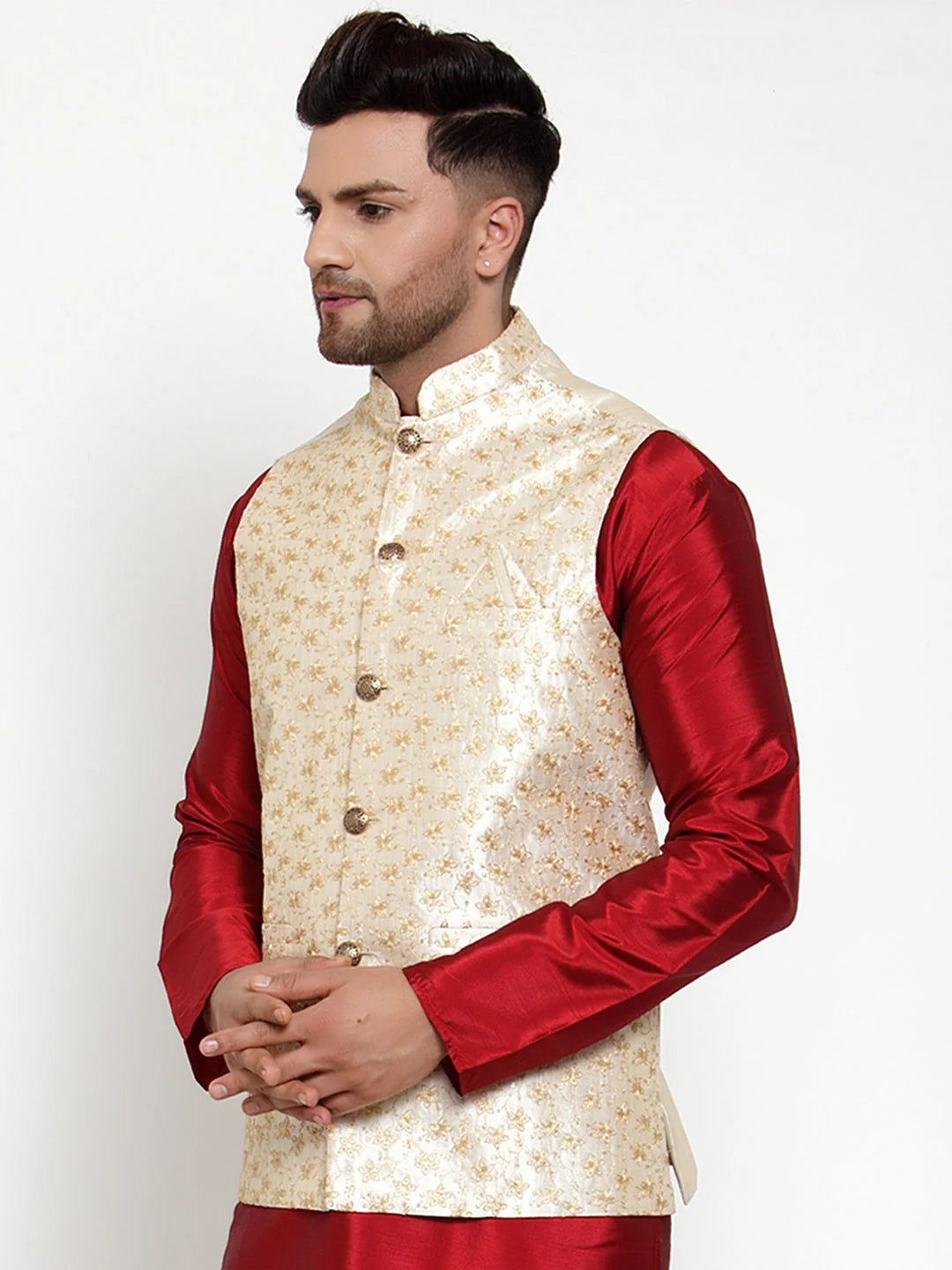 Cream Embroidered Cotton Nehru Jacket | Men's Ethnic Fashion
