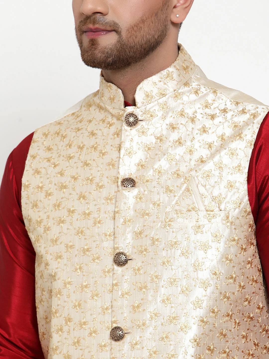 Cream Embroidered Cotton Nehru Jacket | Men's Ethnic Fashion