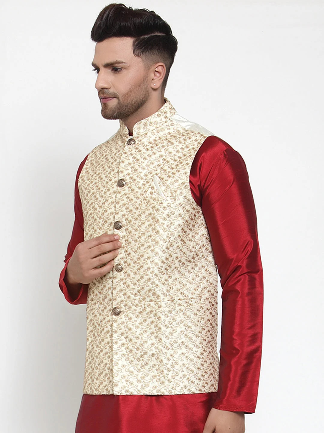 Cream Embroidered Nehru Jacket - Men's Indian Ethnic Wear