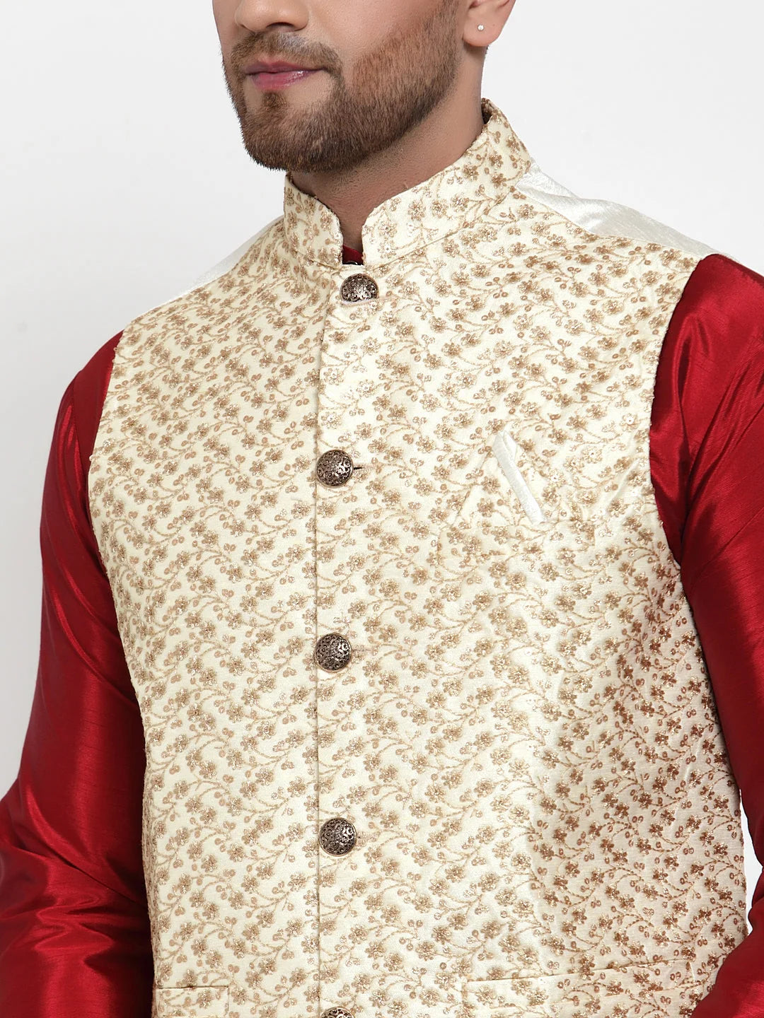 Cream Embroidered Nehru Jacket - Men's Indian Ethnic Wear