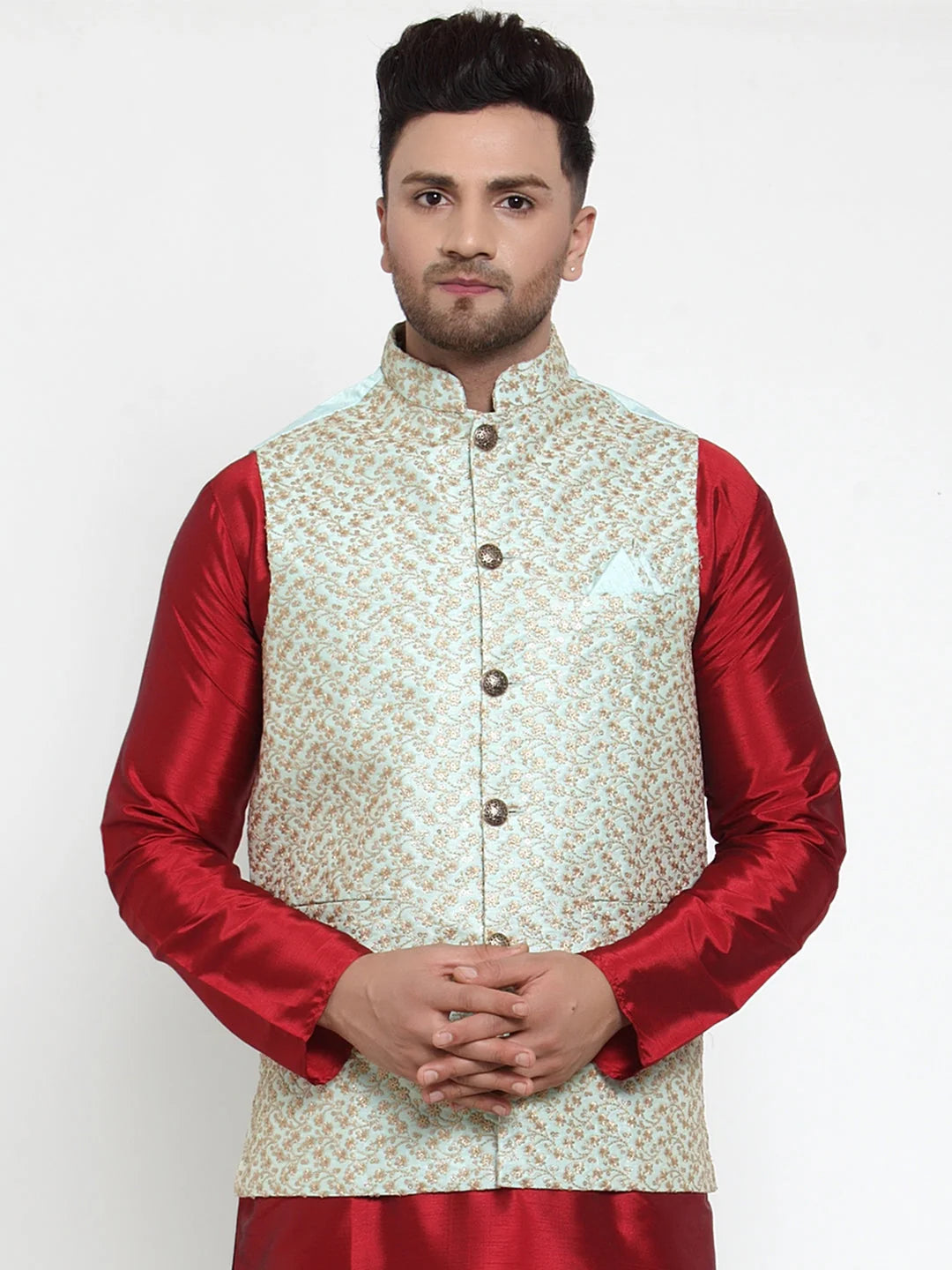 Men's Mint Blue Embroidered Nehru Jacket
