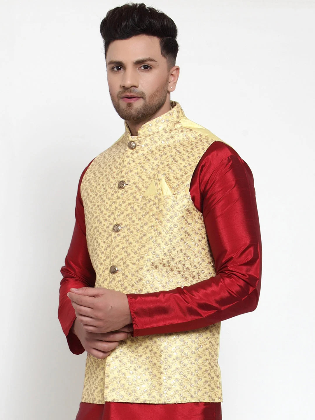 Yellow Embroidered Nehru Jacket: Men's Indian Ethnic Wear