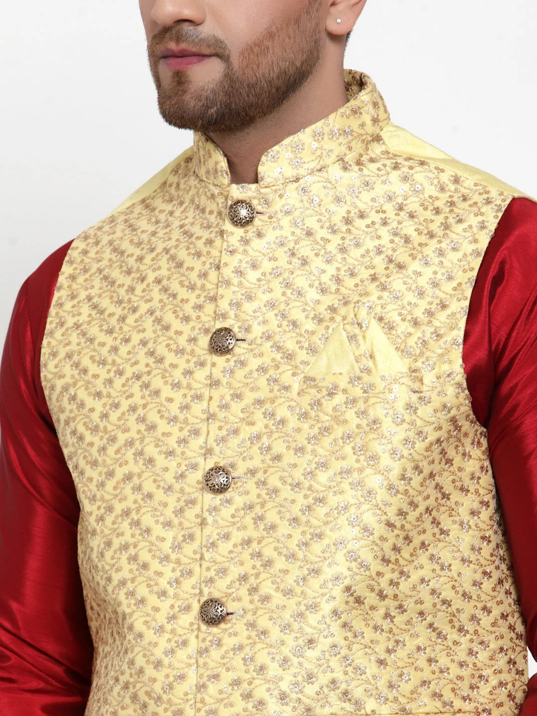 Yellow Embroidered Nehru Jacket: Men's Indian Ethnic Wear