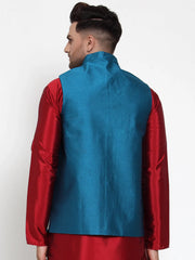 Men's Blue Woven Jacquard Nehru Jacket